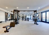 Thumbnail 14 of 80 - A spacious gym with a variety of equipment including treadmills, weights, and a bench.