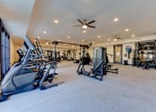 Thumbnail 15 of 80 - A spacious gym with a variety of equipment and a ceiling fan.