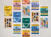 Thumbnail 9 of 15 - A collection of stickers with the words "The Service Center" and "Be a Neighbor" on them.