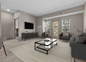 Thumbnail 1 of 39 - A modern living room with a grey sofa, a glass coffee table, and a flat-screen TV mounted on the wall.