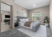 Thumbnail 3 of 39 - A modern bedroom with a large bed and a flat-screen TV.