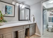 Thumbnail 19 of 57 - A bathroom with a large mirror and a potted plant on the counter.