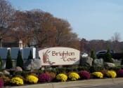 Thumbnail 2 of 14 - Brown and tan Brighton Cove monument sign  sign. Landscaped with red and yellow mums. The trees behind the sign have turned to red, yellow, and orange fall colors.