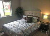 Thumbnail 12 of 14 - Bedroom with tan walls and tan carpet. The bed is made with a blue patterned bedding and brow and white accent pillows. There is a tan tufted headboard behind the pillows. A plant is in the left corner of the bedroom and a window takes up most of the left wall.