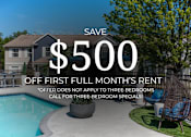 Thumbnail 1 of 18 - A poolside image advertising a $500 discount on the first full month's rent.