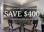 Thumbnail 1 of 11 - A room with a dining table and chairs is advertised to save $400 on move-in costs and fees.