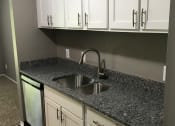 Thumbnail 5 of 16 - Grey walls with white cabinetry on top and grey countertops.  White cabinetry on the bottom and stainless steel dishwasher at the far end.  Stainless steel sink with steel fixture along with dark hardwood-like flooring.