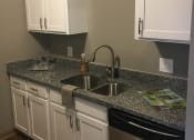 Thumbnail 8 of 14 - A kitchen with white cabinets and grey counter tops, grey walls, hardwood like flooring, and a stainless steal sink and dishwasher.