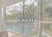 Thumbnail 46 of 47 - A balcony with a chair and a table with a sign that says "NEW SPECIAL! SAVE UP TO $3000".