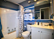 Thumbnail 45 of 47 - a blue and white bathroom with a shower toilet and sink at Village Club of Rochester Hills, Shelby Township, 48317