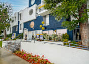 Thumbnail 10 of 14 - a blue and white building with a tree in front of it