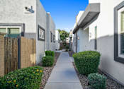 Thumbnail 23 of 36 - A narrow street between two buildings with a sidewalk and green bushes.