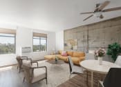 Thumbnail 14 of 44 - Living room with concrete accent wall at Vendome Place, San Jose, CA