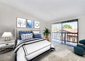 Thumbnail 2 of 57 - Two Bedroom Apartments in Laguna Niguel CA - Pointe Niguel - Bedroom with Carpeted Floor, Bed, Nightstand, Lamp, Chair, and Sliding Glass Door with Access to Balcony at Pointe Niguel, Laguna Niguel, C