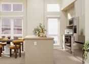 Thumbnail 41 of 117 - A kitchen with a table and chairs in front of a window at Skyview Sunset Apartments, California, 90046
