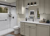 Thumbnail 11 of 11 - a white bathroom with a shower and a sink and a toilet