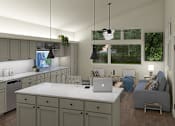Thumbnail 9 of 11 - a rendering of a kitchen and living room with a laptop on the counter