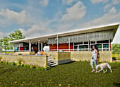 Thumbnail 5 of 11 - a rendering of a house with a family and a dog in front of it