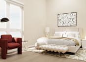 Thumbnail 42 of 117 - A red chair sits next to a bed in a white bedroom at Skyview Sunset Apartments, California