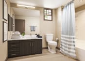 Thumbnail 49 of 83 - Bathroom rendering with tub and toilet at Bayswater Apartments, Burlingame, CA
