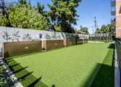 Thumbnail 82 of 127 - A green artificial turf area with a white wall and trees in the background.
