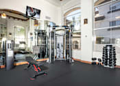 Thumbnail 16 of 48 - A gym with a variety of equipment including a squat rack, bench, and weights.