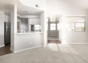 Thumbnail 30 of 48 - A kitchen with white cabinets and a refrigerator is visible.