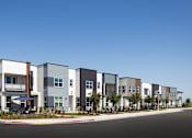 Thumbnail 49 of 49 - A row of modern townhouses with a clear blue sky above.