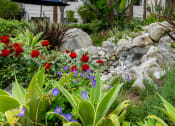 Thumbnail 36 of 36 - a garden with flowers and a stream at 55+ FountainGlen Goldenwest Senior Apartments, California, 92683