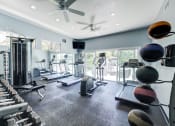 Thumbnail 8 of 28 - a gym with cardio machines and weights and a ceiling fan at Harbor Pointe, California