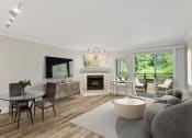 Thumbnail 27 of 73 - a living room with a fireplace and sliding glass doors at Lakemont Orchard, Issaquah  