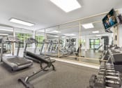 Thumbnail 10 of 73 - a gym with cardio machines and weights and a flat screen tv at Lakemont Orchard, Issaquah, WA  
