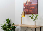 Thumbnail 51 of 67 - a console table with a lamp and plants in a living room