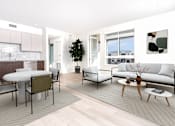 Thumbnail 3 of 52 - A modern living room with a dining table and chairs.