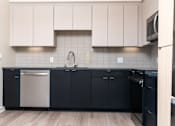 Thumbnail 15 of 52 - A kitchen with black cabinets and a white dishwasher.