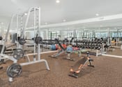 Thumbnail 13 of 26 - A gym with a variety of equipment including weights and exercise balls at Wilshire Valencia Apartment, Los Angeles