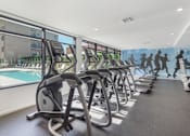 Thumbnail 12 of 26 - A row of treadmills in a gym with a mural of running people on the wall at Wilshire Valencia Apartment, Los Angeles, California