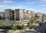 Thumbnail 11 of 52 - a rendering of a city street with apartment buildings and trees at North Grove, Riverside, CA 92501  