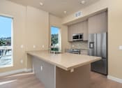 Thumbnail 74 of 117 - A kitchen with a large island and stainless steel appliances. at Skyview Sunset, Los Angeles, CA