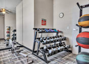 Thumbnail 17 of 40 - a gym with weights and dumbbells in the corner of a room