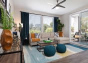 Thumbnail 2 of 36 - Living Room with Balcony & Large Windows at Montrachet Apartments, Napa, California