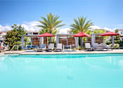 Thumbnail 17 of 85 - A swimming pool with red umbrellas and lounge chairs.