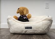 Thumbnail 70 of 85 - A dog bed with a stuffed dog wearing a purple shirt.