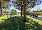 Thumbnail 45 of 142 - A playground with a swing set and a tree in the middle of a grassy area.