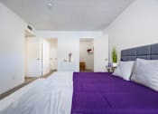 Thumbnail 84 of 142 - A bedroom with a purple bedspread and white walls.