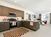 Thumbnail 2 of 137 - A modern kitchen with a checkered rug on the floor.