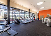 Thumbnail 41 of 51 - A gym with a variety of equipment including treadmills, weights, and exercise machines.