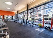 Thumbnail 43 of 51 - A gym with a variety of equipment including treadmills, weights, and exercise balls.