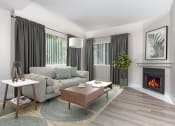 Thumbnail 3 of 52 - Living Room with Hardwood-Style Flooring, Area Rug, Fireplace, Grey Couch, Wooden Coffee Table, Side Table, Standing Lamp, Houseplant, Wall Art, and Large Windows. at Westlake Canyon, Thousand Oaks, 9