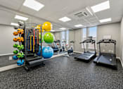 Thumbnail 10 of 13 - A gym with treadmills, exercise balls, and resistance bands.